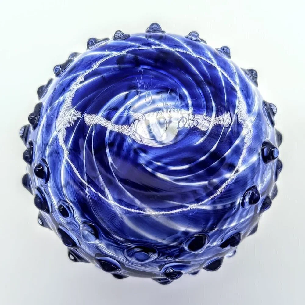 Artisan Signed Cobalt Blue Swirl Hobnail Glass Bud Vase